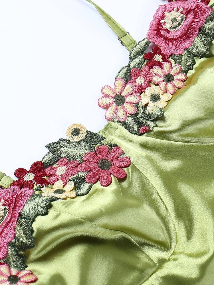 Plunging Neck Floral Embroidery Cinched Waist Mini Dress