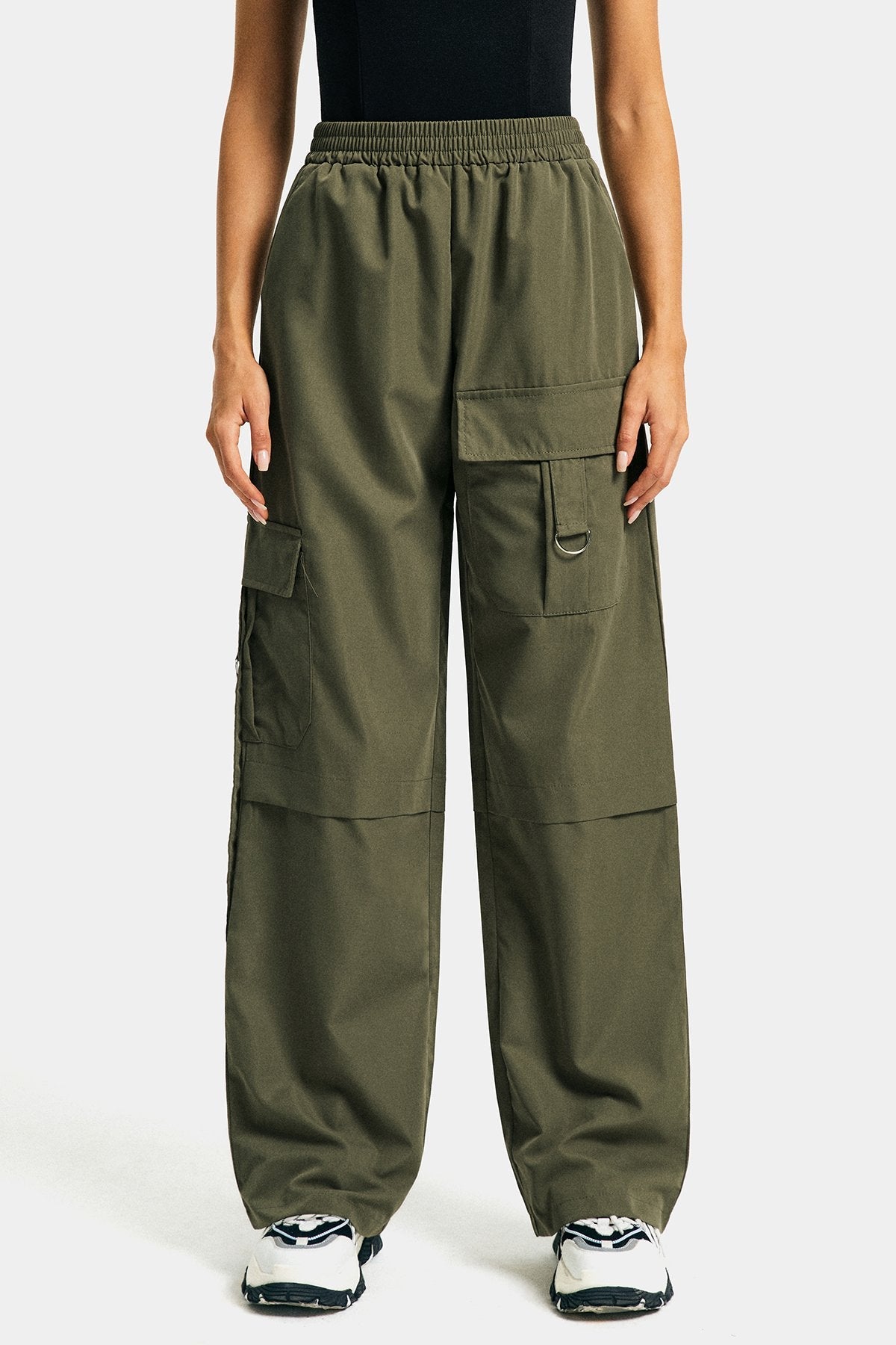 Flap Pocket Elastic Waist Solid Wide Leg Pants