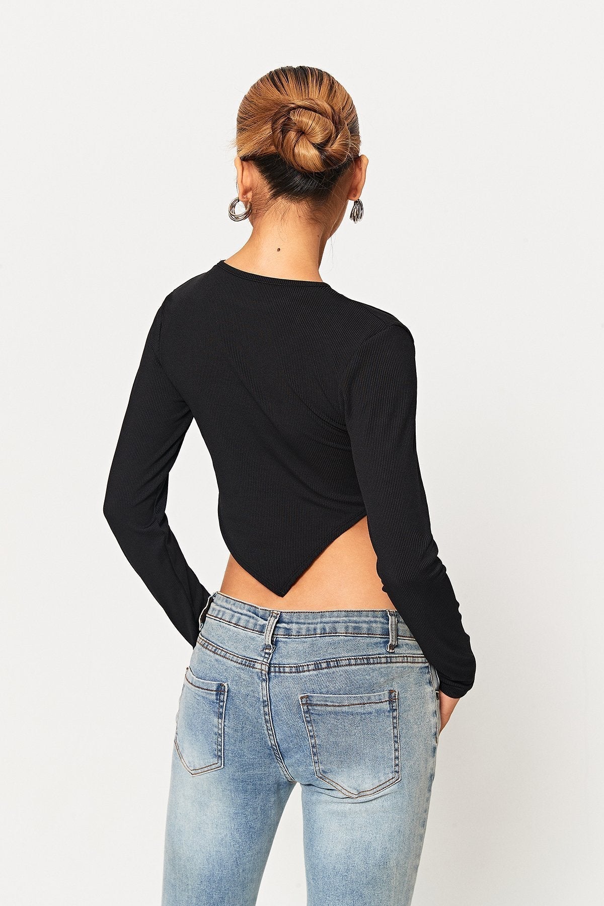 Cut Out Asymmetrical Hem Long Sleeve Top