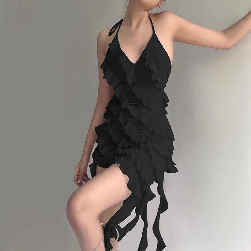 Cross Strap Ruffle Floor Length Dress