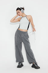 Elastic Waist Colorblock Trim Drawstring Hem Cargo Pants