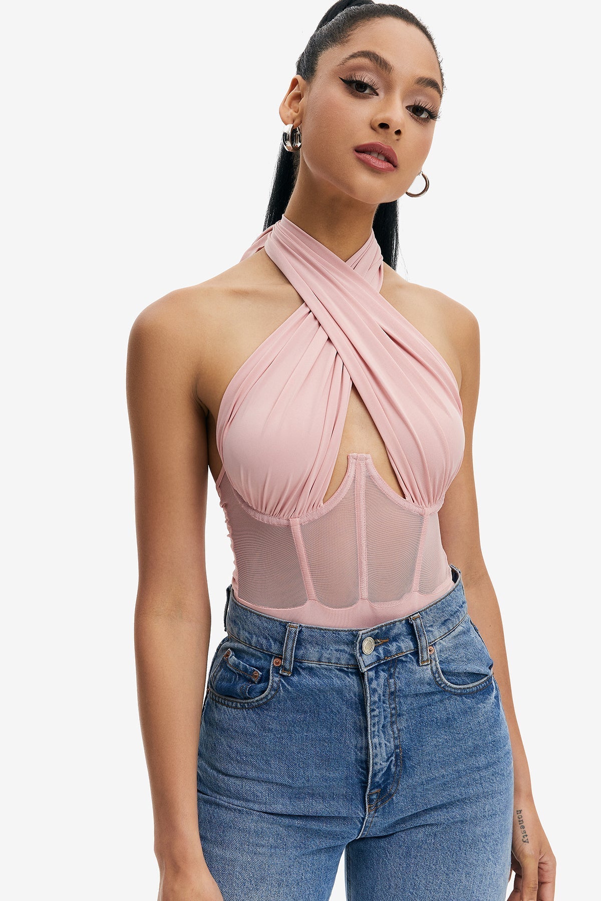 Crisscross Neck Mesh Splicing Boning Backless Bodysuit
