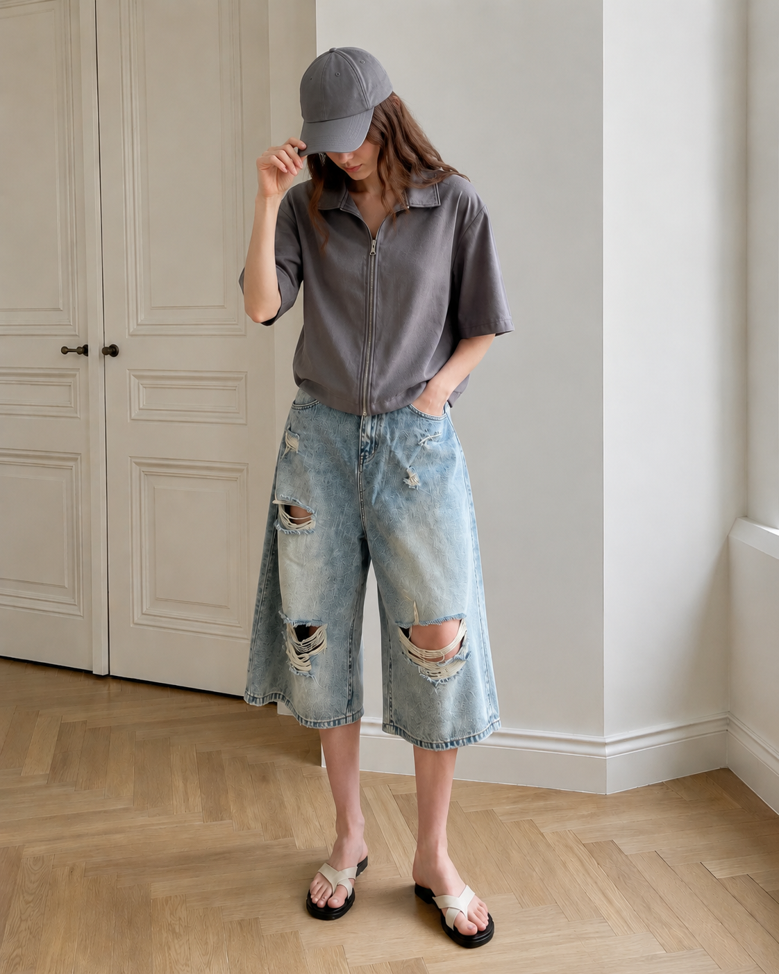 Loose Ripped Capri Wide Leg Jeans