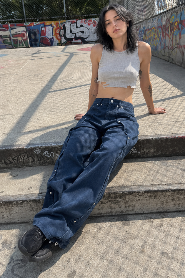 Studded Split Low Waist Wide Leg Cargo Pant