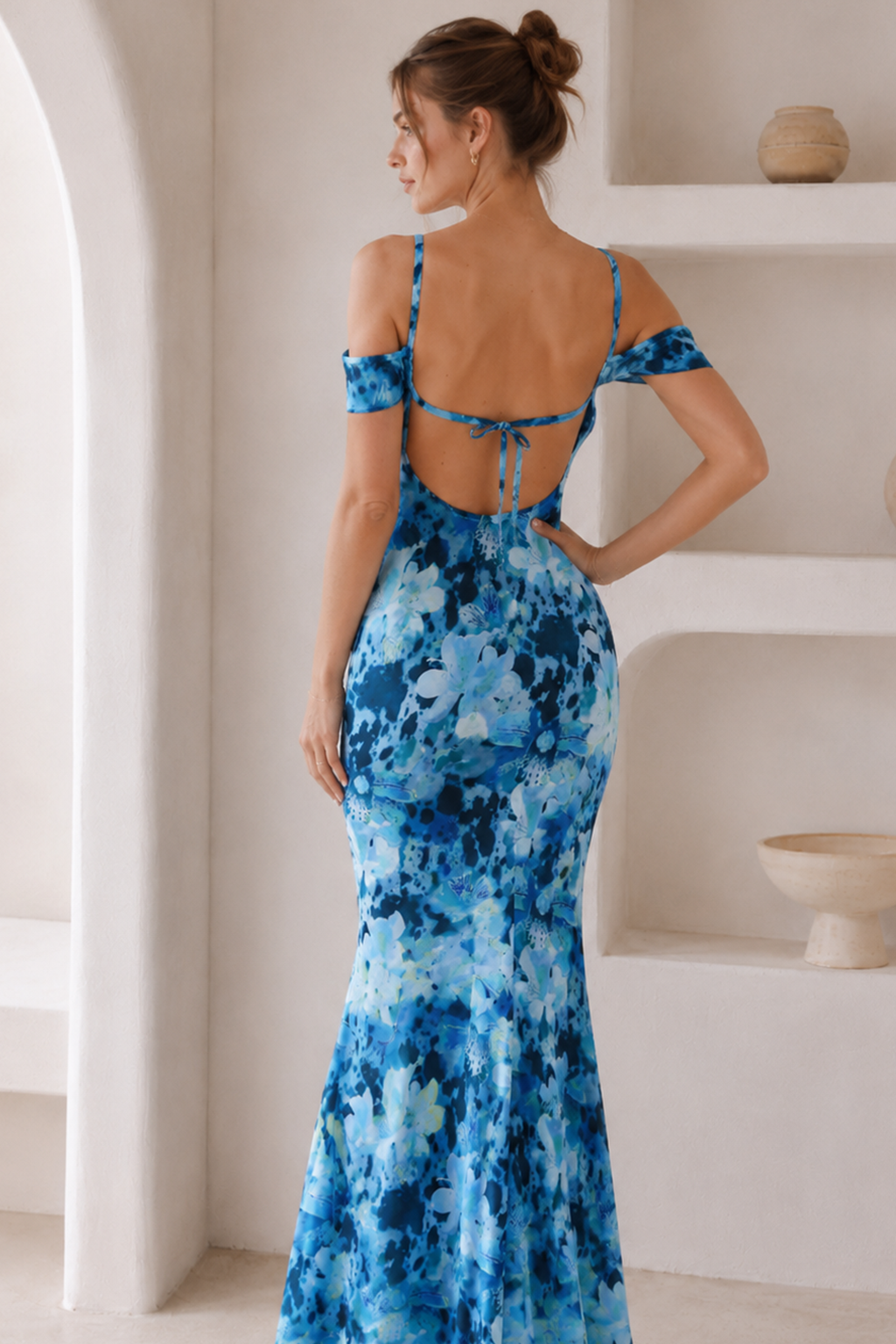 Tie Strapless Ruffled Print Sexy Bodycon Maxi Dress