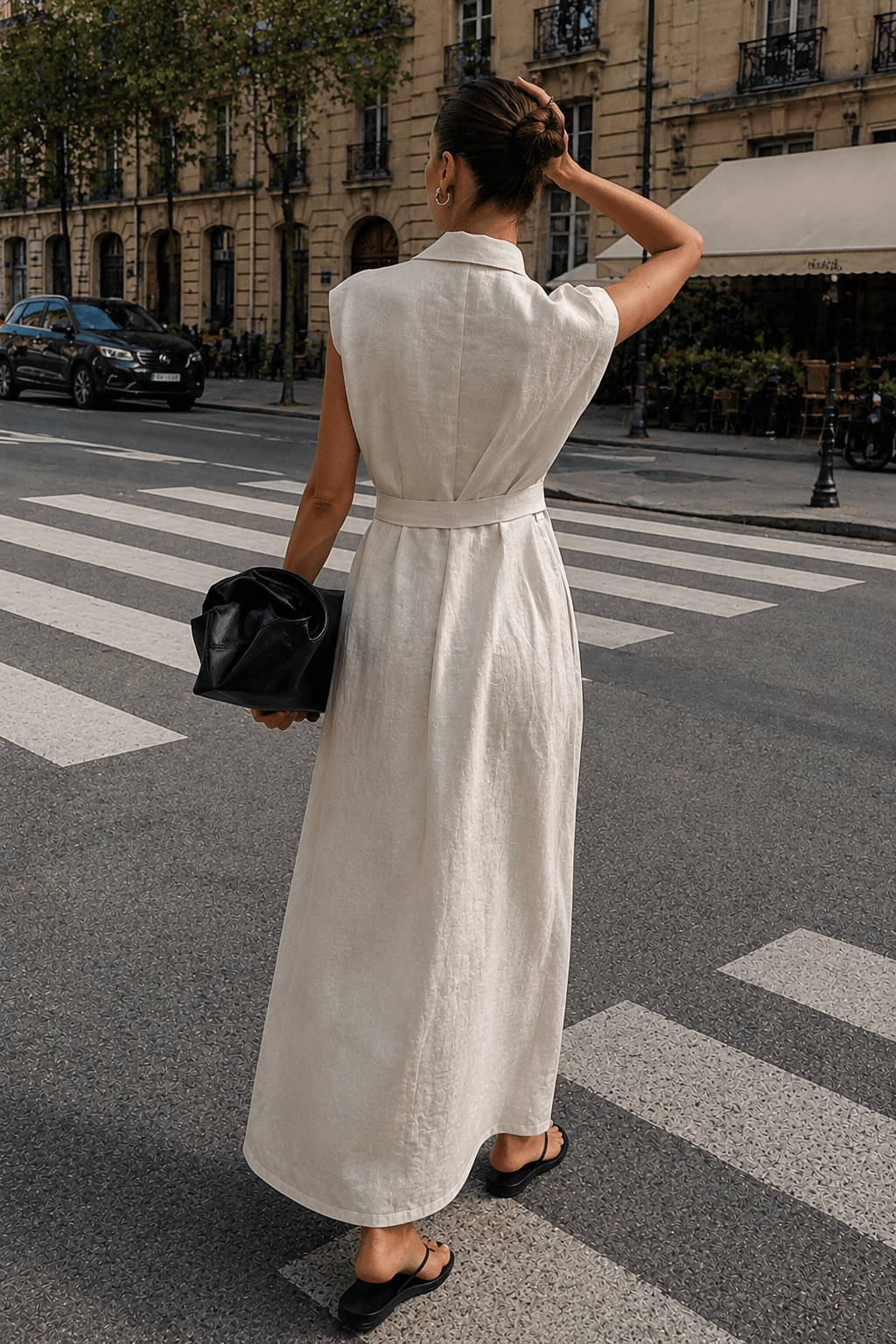Linen Cotton High Waist Slit Tie Maxi Dress