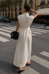 Linen Cotton High Waist Slit Tie Maxi Dress