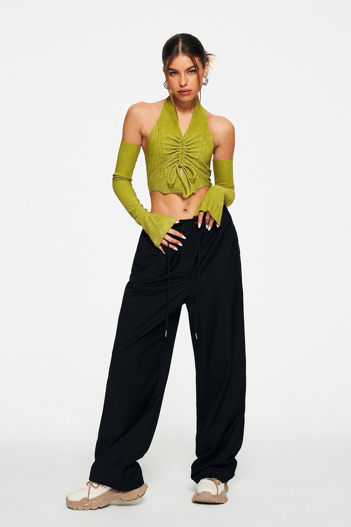 Halter Neck Drawstring Ruched Long Sleeve Top With Oversleeve