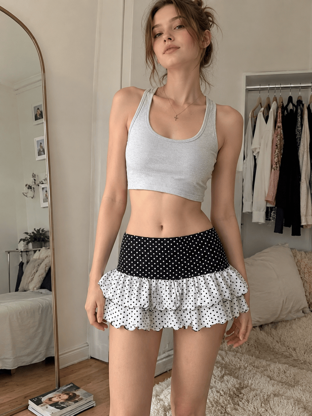 Polka Dot Patchwork Color Block Cute Tiered Slim Mini Skirt
