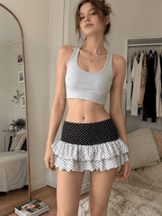 Polka Dot Patchwork Color Block Cute Tiered Slim Mini Skirt