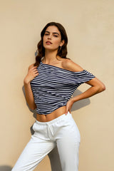 Asymmetrical Neck Stripe Tees