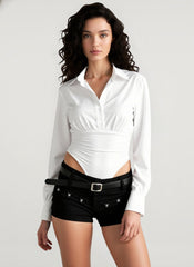 Polo Shirt Paneled Solid Slim Waist Cinching Bodysuit