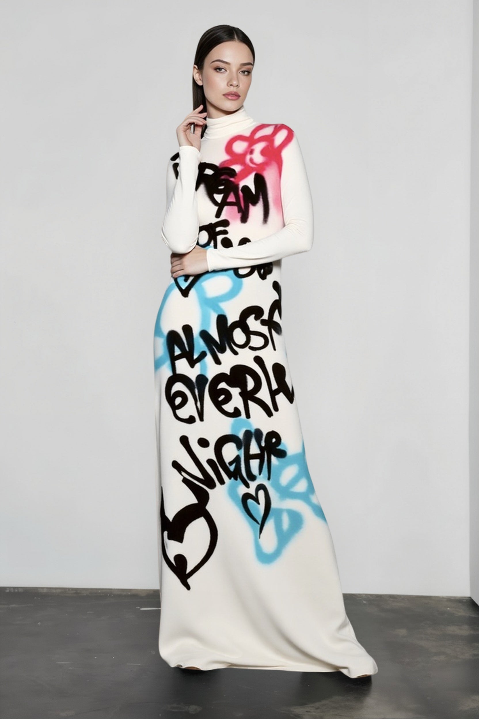 High Neck Graffiti Color Block Bodycon Maxi Dress