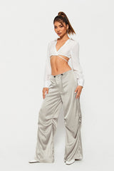 Satin Drawstring Waist Ruched Wide Leg Pants