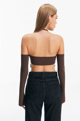 Chain Detail Slit Cuff Backless Crop Top
