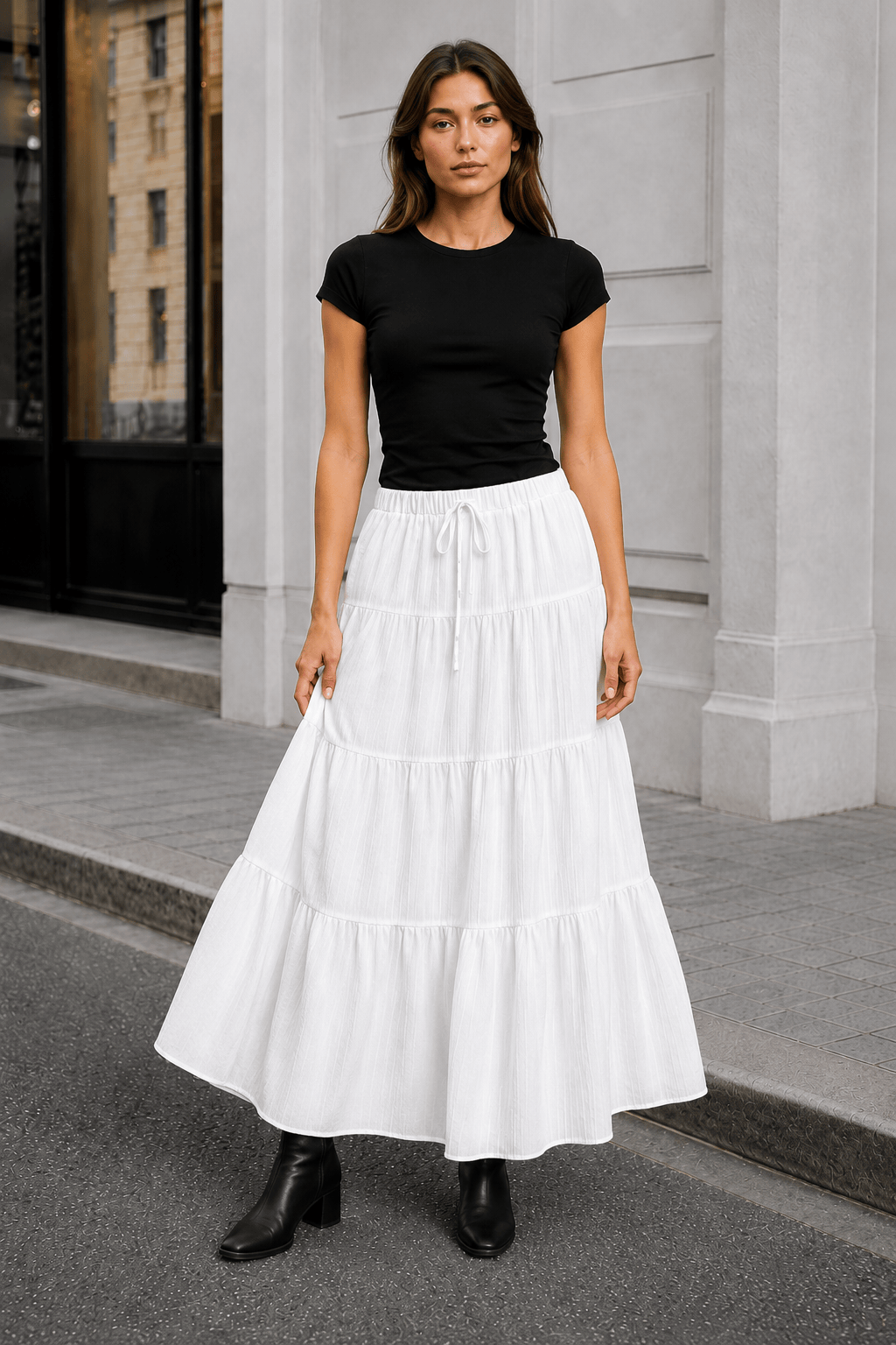 White Tie Waist A-Line Maxi Skirt