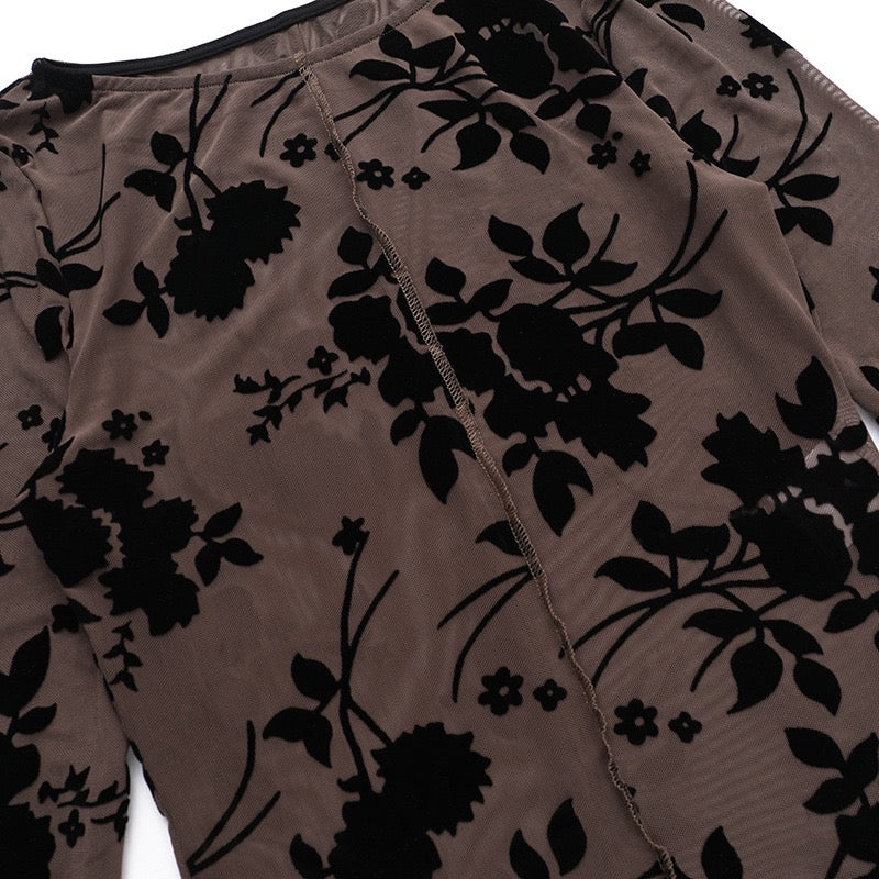 Bell Sleeve Semi-Sheer Flocking Blouse
