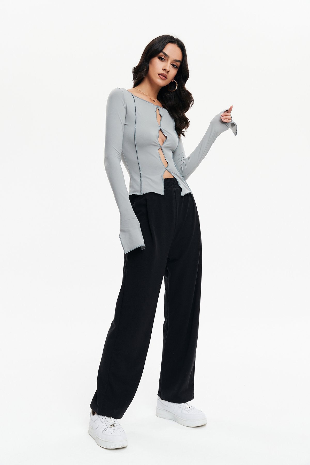 Cut Out Seam Detail Split Cuff Long Sleeve Top