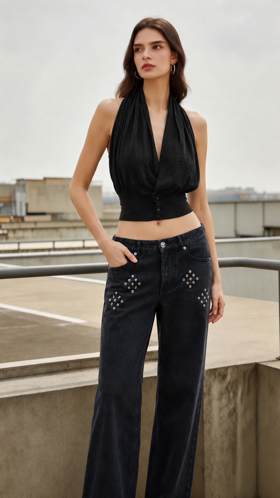 Loose V Neck Halter Solid Waist Button Backless Tank Top