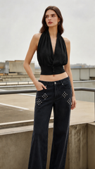 Loose V Neck Halter Solid Waist Button Backless Tank Top