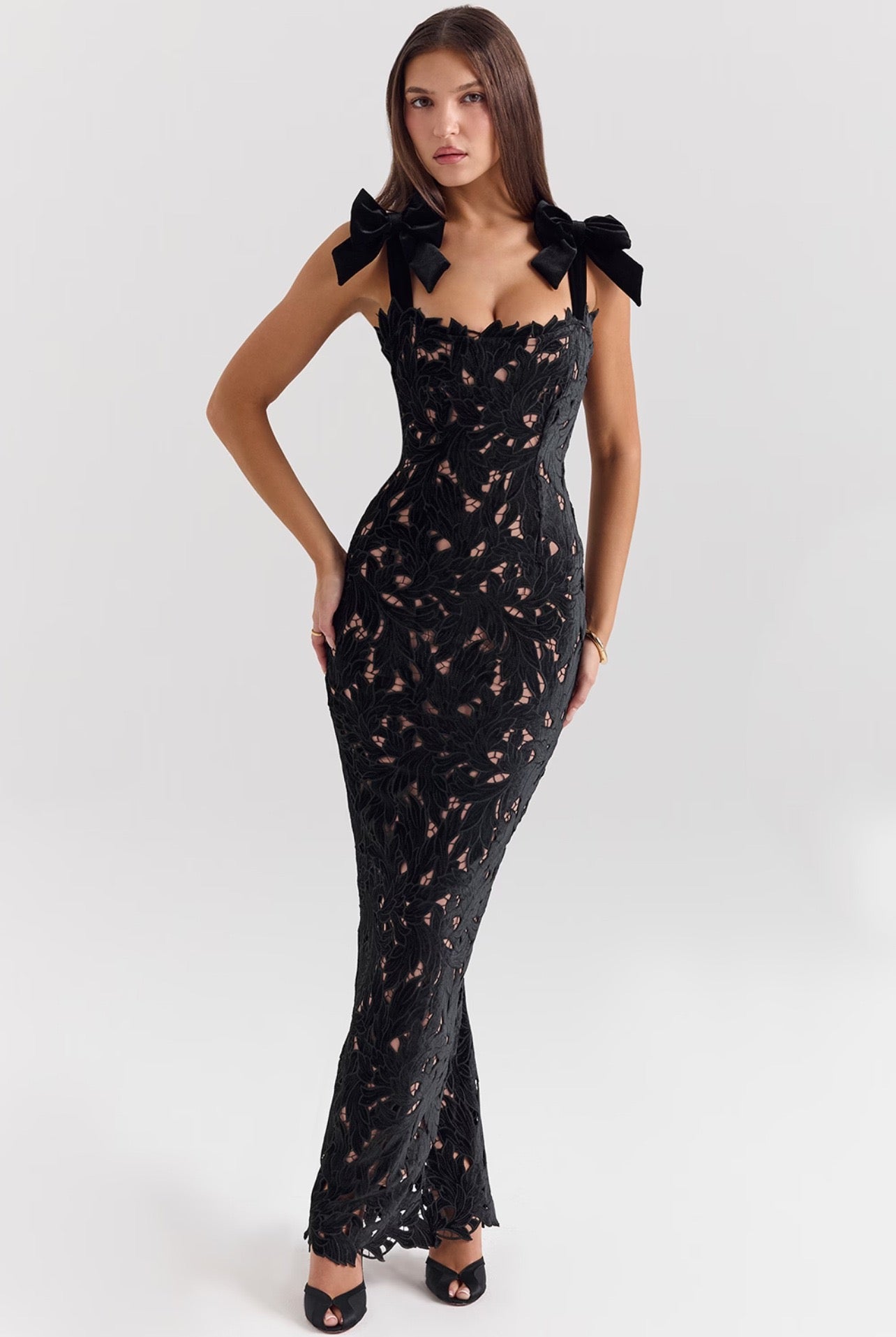 Floral Jacquard  Bow Straps Dress