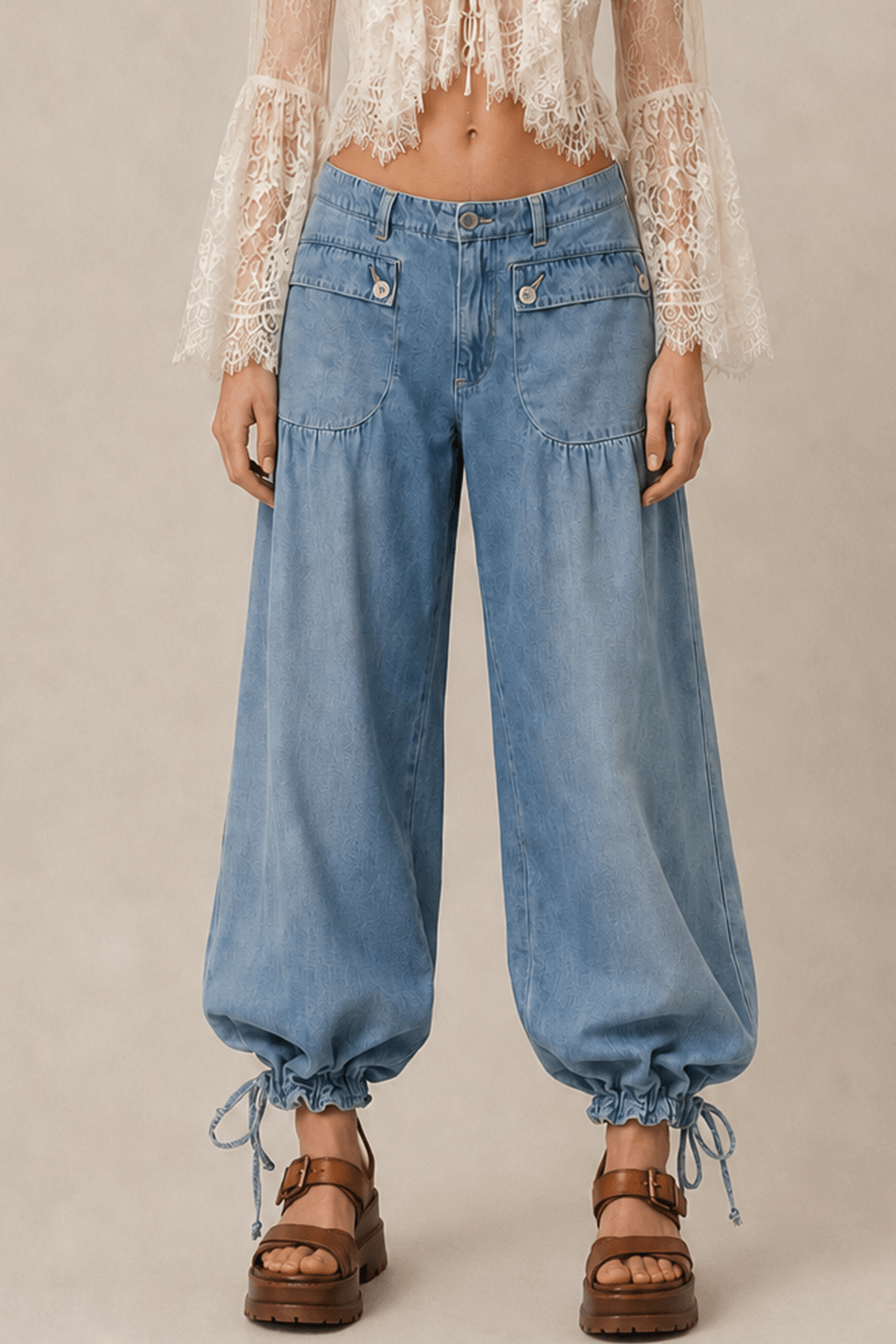 Loose Cuffed Ruched Tie Jeans