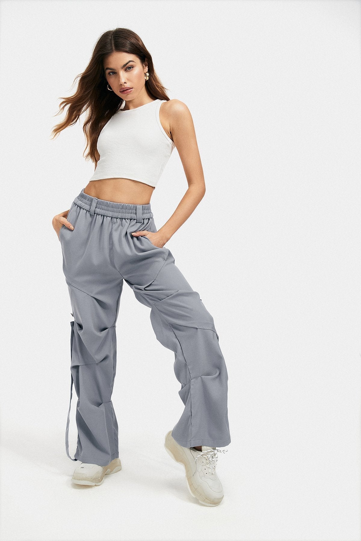 High Waist Ruched Strap Detail Straight Pants