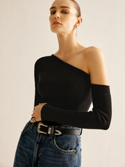 Plain One-Shoulder Knit Top