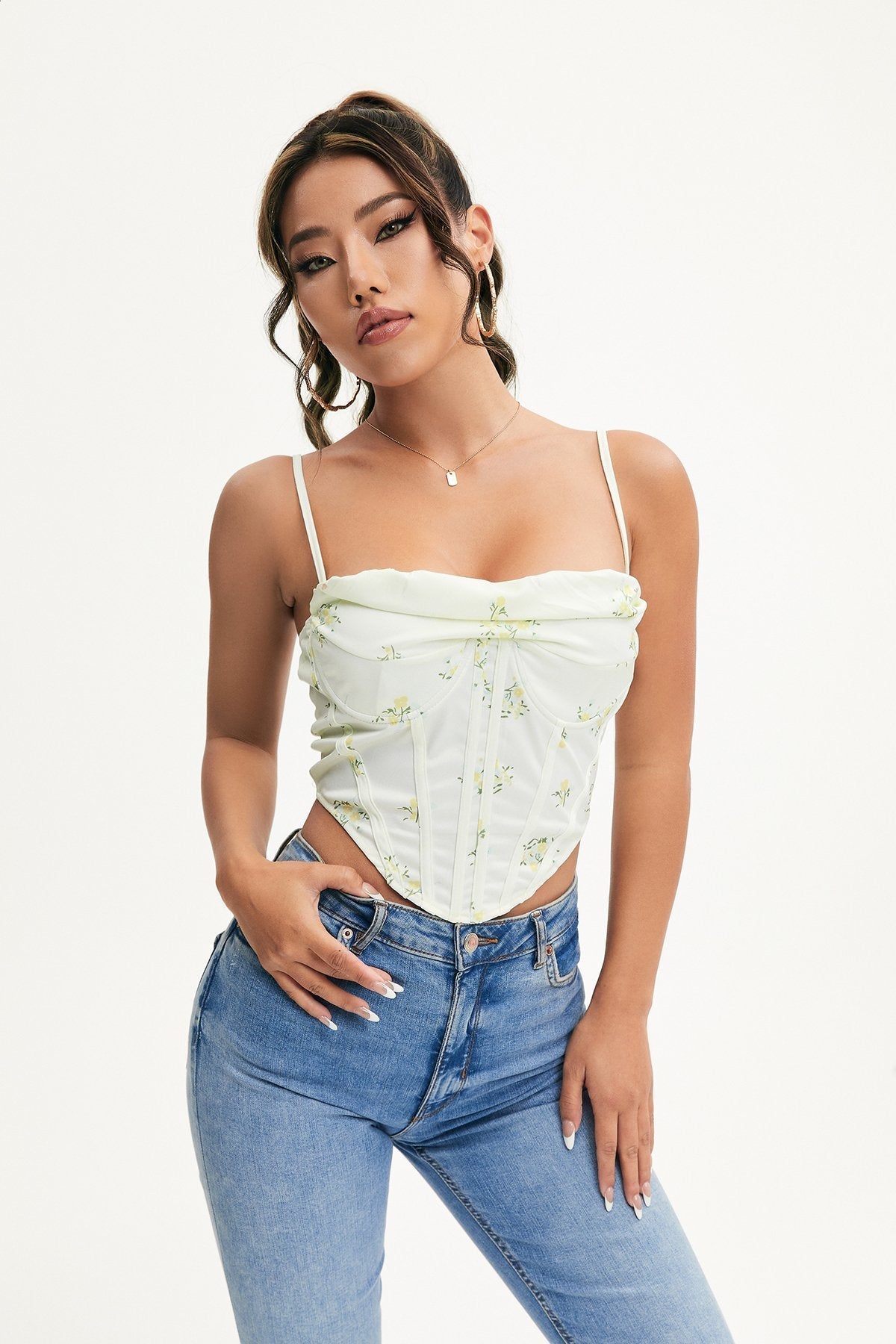 Floral Print Curved Hem Crop Top