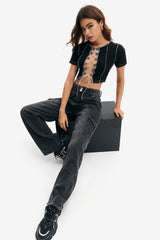 Lace Up Short Sleeve Seam Detail Crop Top