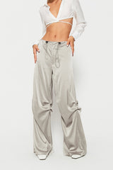 Satin Drawstring Waist Ruched Wide Leg Pants