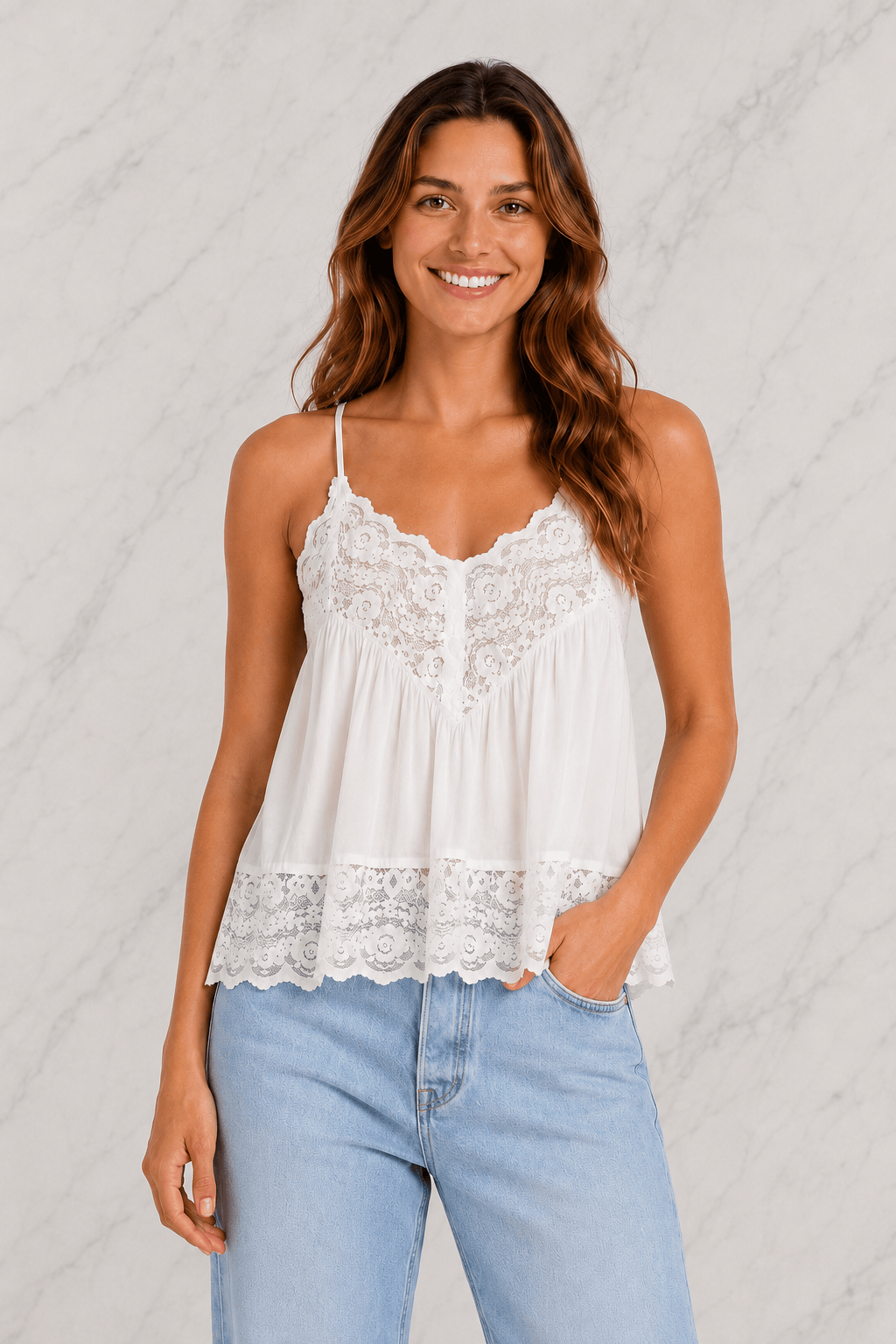 Lace Trim Ruffle Strap Cami Top