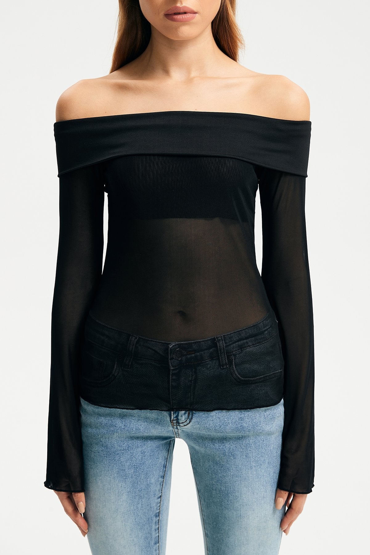 Off Shoulder Mesh Solid Long Sleeve Top