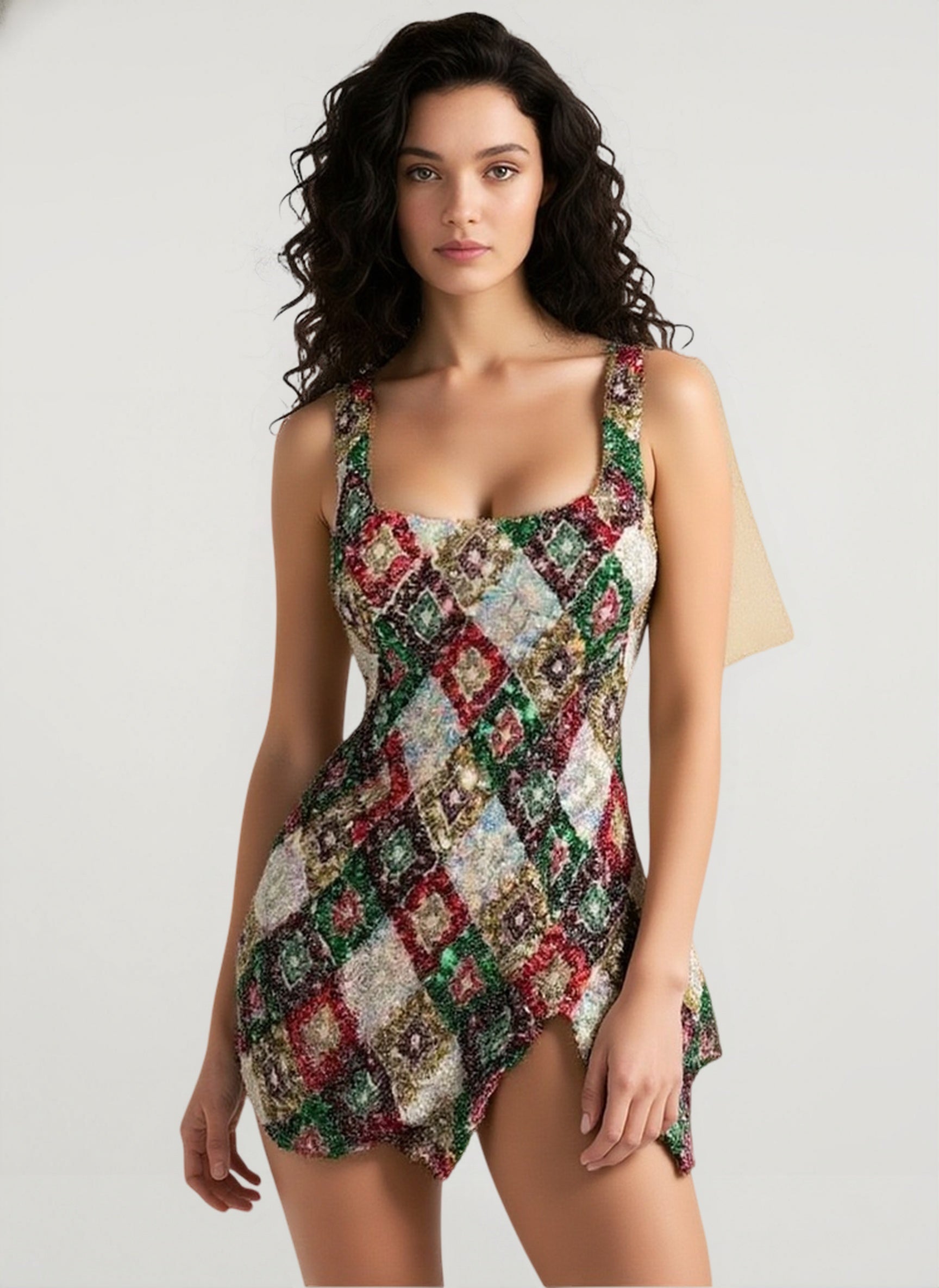 Chic Colorful Rhombus-Pattern Sequin Split Bodycon Sequin Dress
