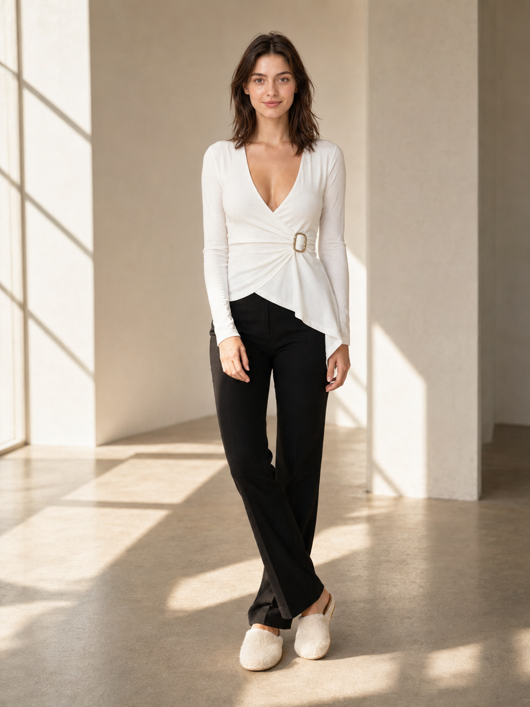 Sexy V Neck Slim Fit Asymmetric Solid Long Sleeve Tee