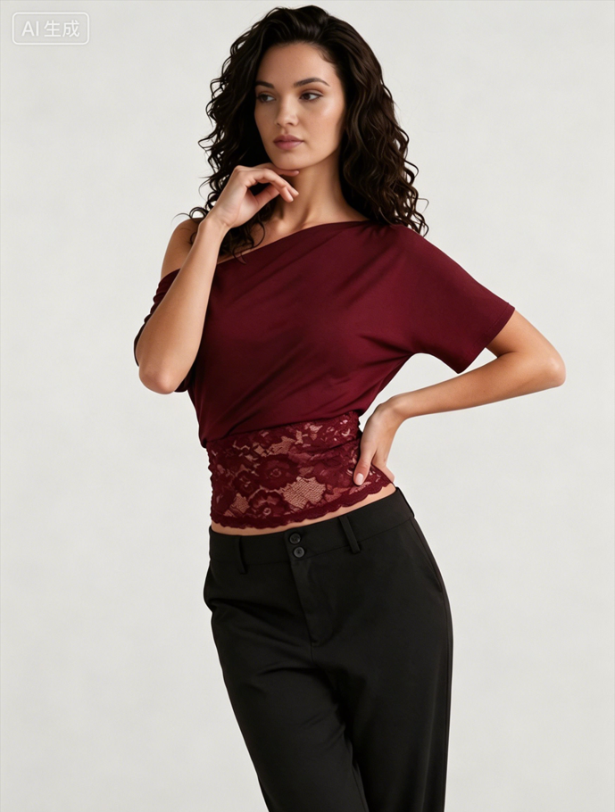 Asymmetric Off Shoulder Lace Waist Slim Crop T-shirt