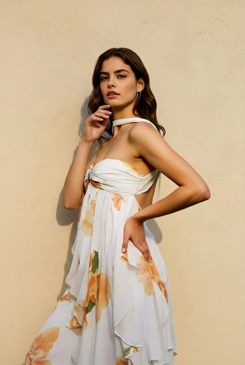 Halter Backless Floral Lace Vacation Dress
