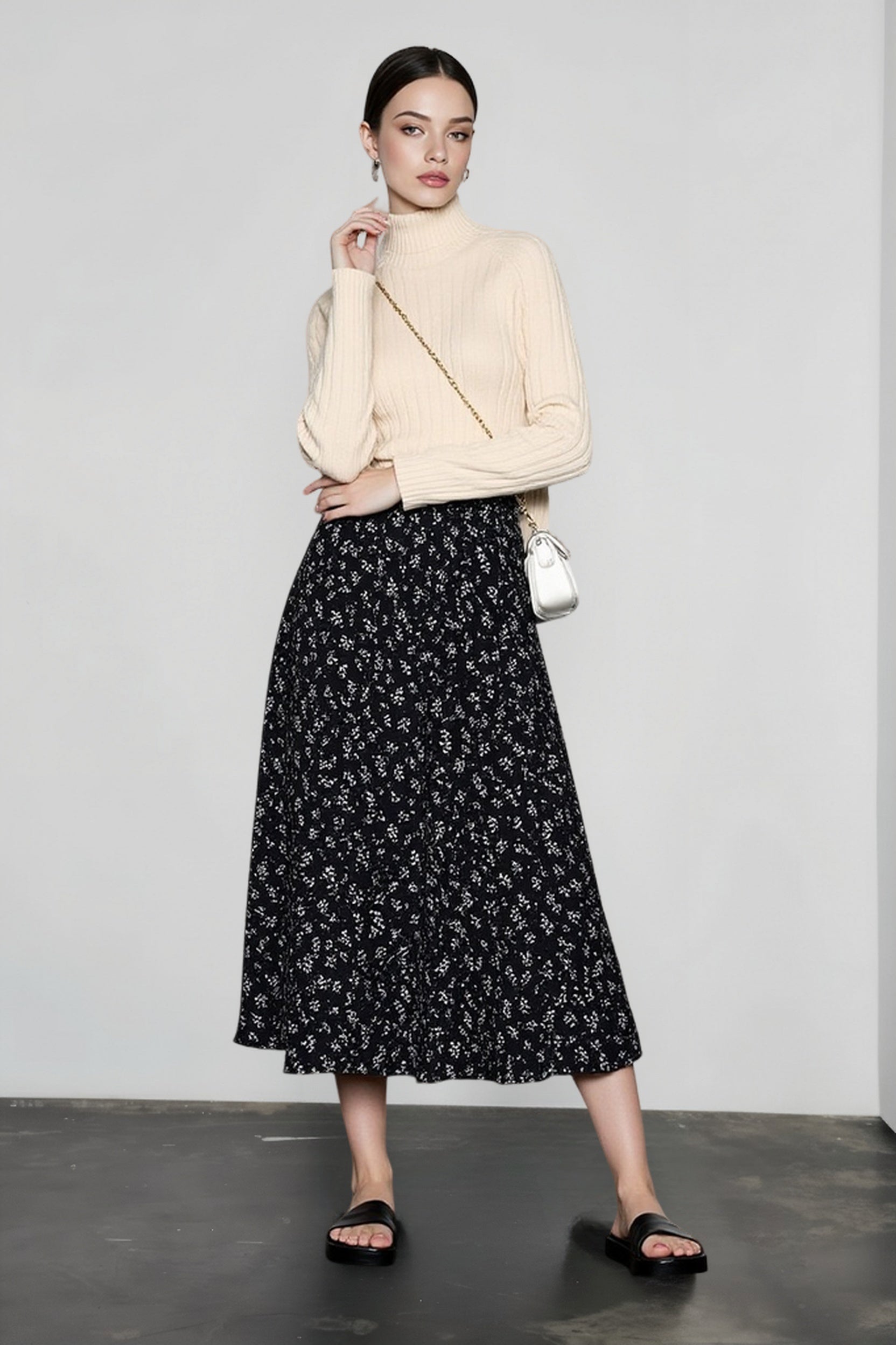 Vintage Floral Print A-line Pleated Streetwear Drawstring Midi Skirt