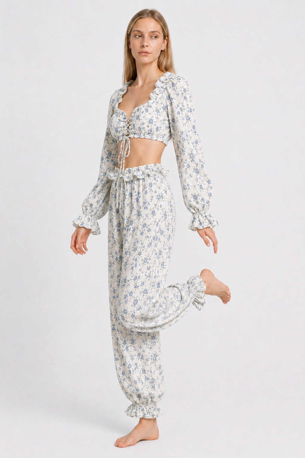 Floral Tie Front Square Neck Ruffled Cropped Top Low Waist Jogger Pants Two Piece Set