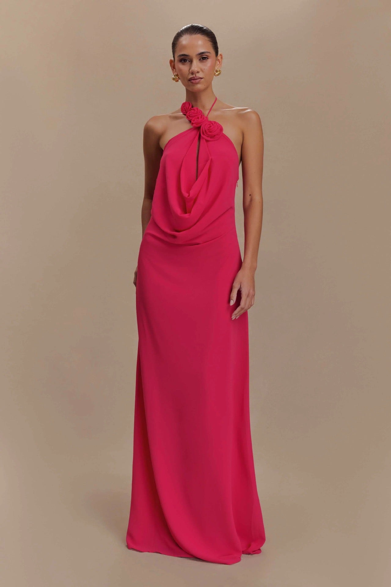 Satin Rosette Decor Halter Long Dress