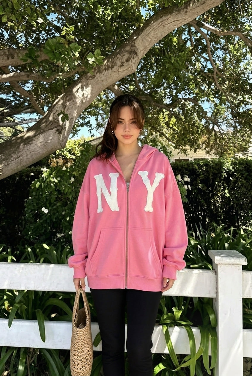 Embroidered Floral Print Zip Hoodie