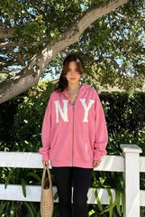 Embroidered Floral Print Zip Hoodie