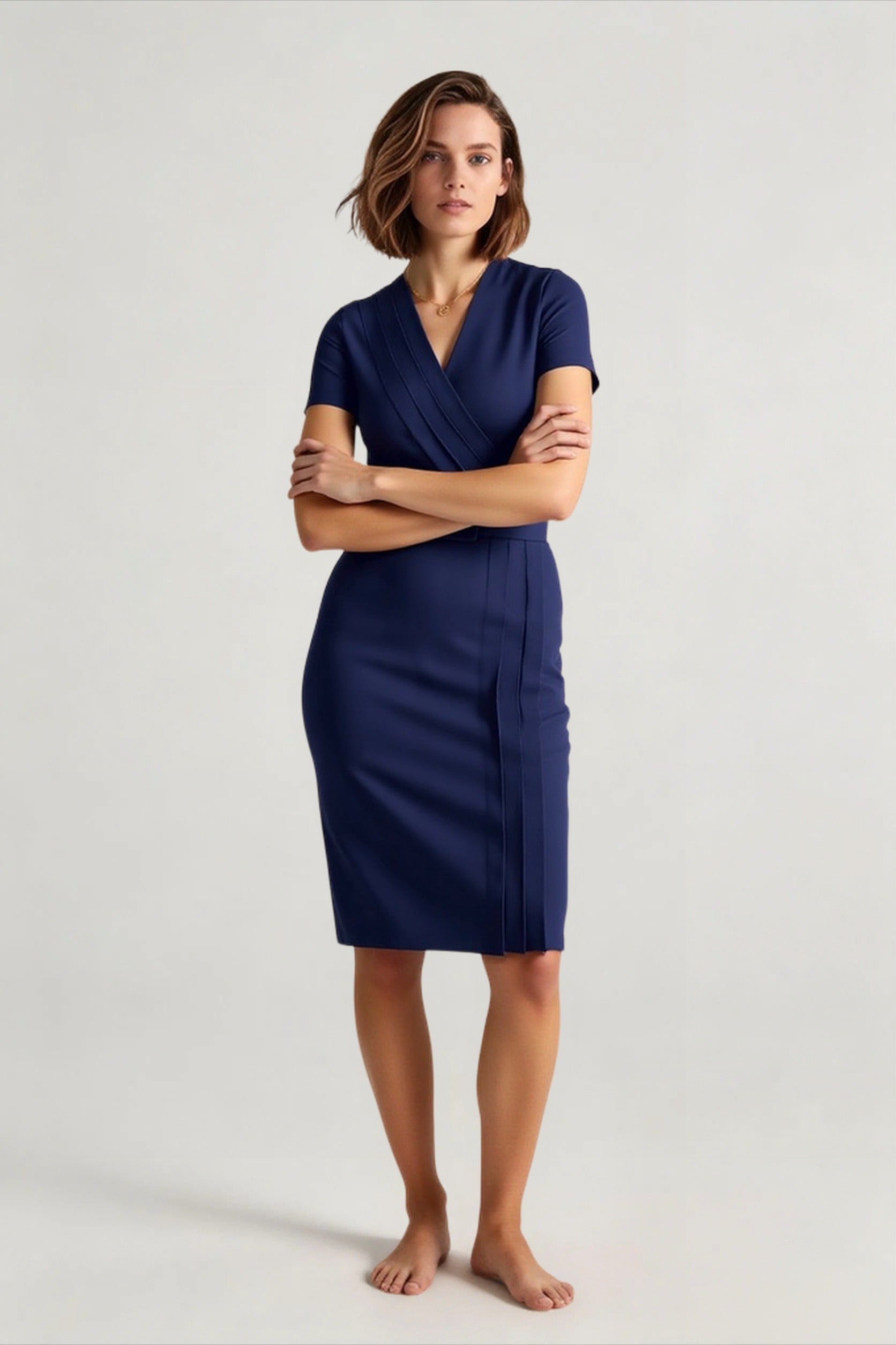 V-Neck Waistband Short Sleeve Solid Pencil Office Dress