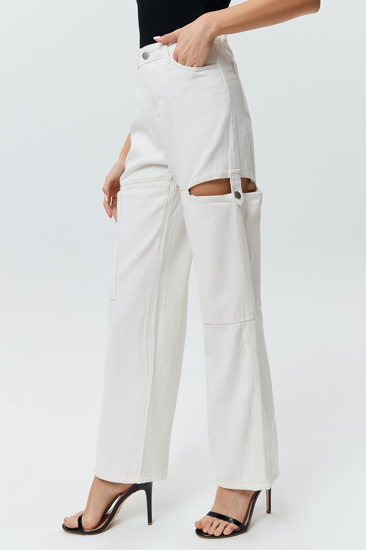 Cut Out Zip Up Straight Leg Casual Pants
