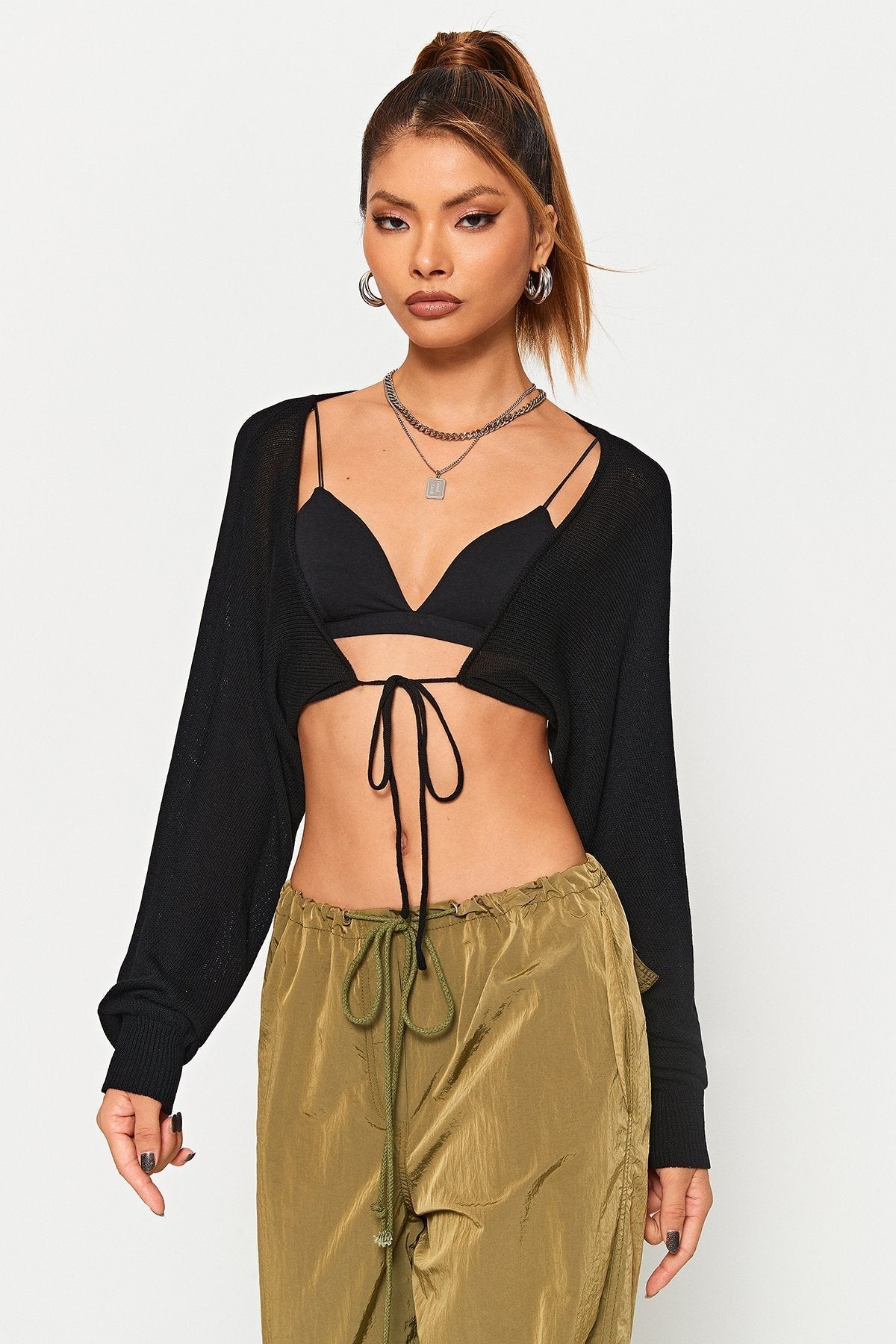 Tie Front Long Sleeve Solid Cardigan Without Bra