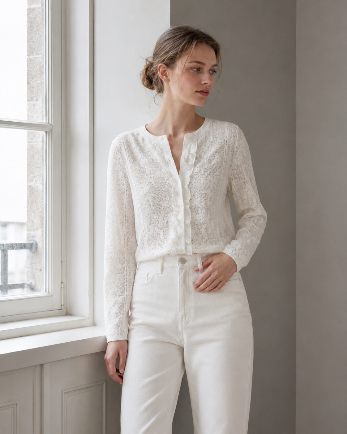 Soft-Style Stand-Collar Frog-Button Lace Cutout Cardigan