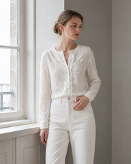 Soft-Style Stand-Collar Frog-Button Lace Cutout Cardigan
