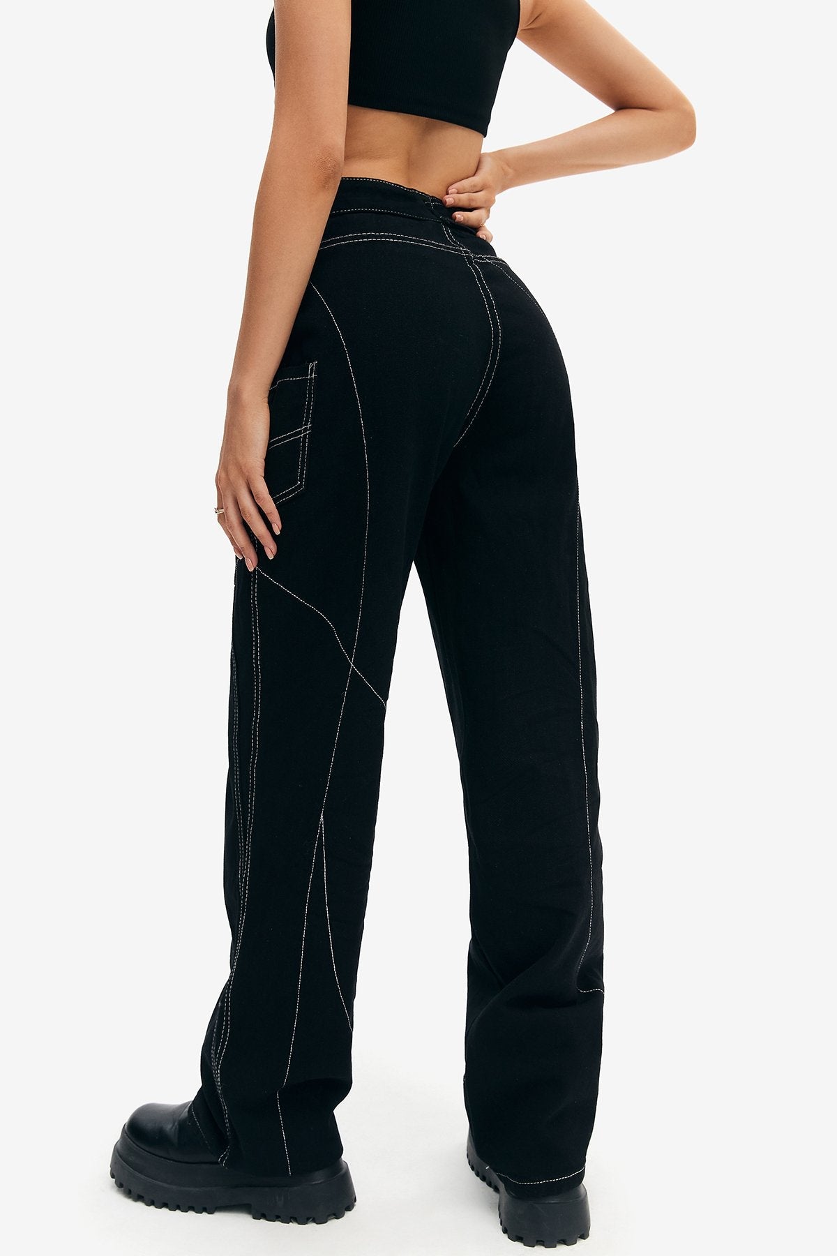 Buckled Belted Top-stitching Straight Leg Jeans