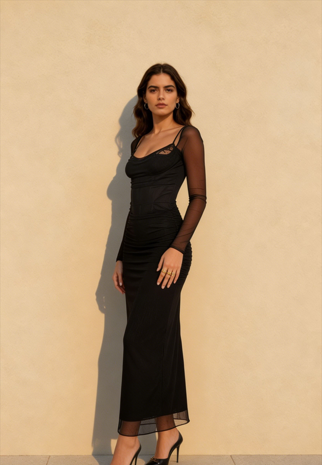 Mesh Lace Patchwork Boned Fitted High Slit Elegant Maxi Dress
