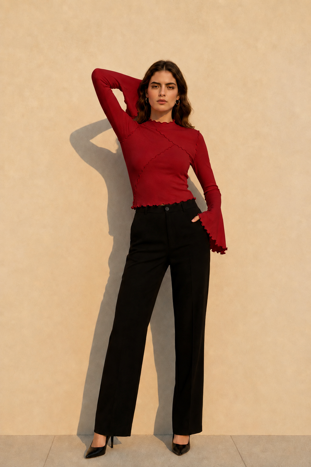 Solid Mock Neck Paneled Ruffled Long Sleeve Tee